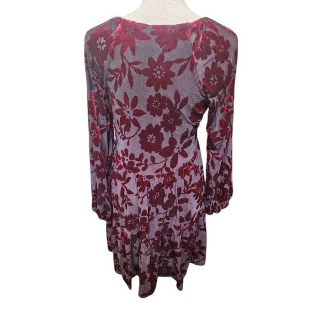 TAYLOR Burgundy Velvet Burnout Babydoll Dress Size 4 Lined Long Sleeve - Picture 4 of 10